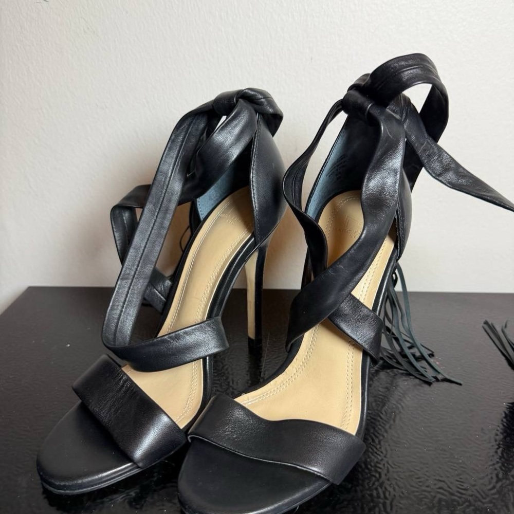 Marc Fisher Black Leather Wrap Tie Stiletto Sandals